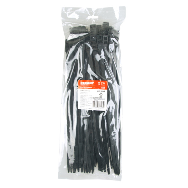 Хомут-стяжка нейлоновая усиленная с двойным горизонтальным замком REXANT 350x9,0 мм, черная, упаковк
