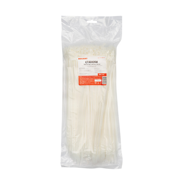 Стяжка нейлоновая 300x3,6 мм белая (упак. 500 шт.) REXANT