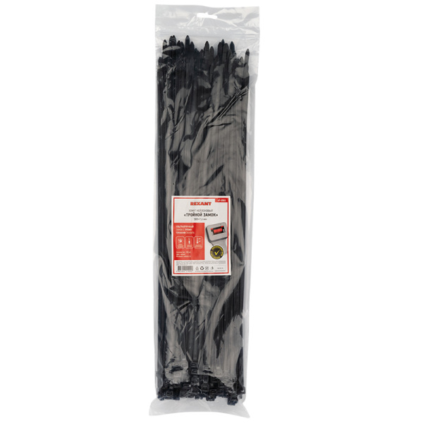 Хомут-стяжка нейлоновая с тройным замком REXANT 500x7,6 мм, черная, упаковка 100 шт.
